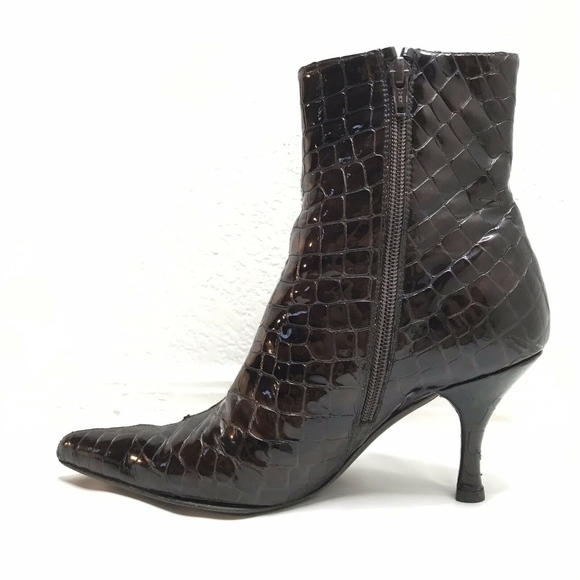 Stuart Weitzman Brown Patent Croc Booties Boots - Picture 4 of 8